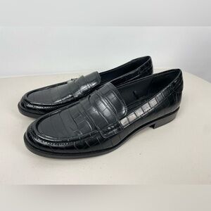 Zara Women’s Black Faux Leather Croc-Embossed Slip On Dress Penny Loafers